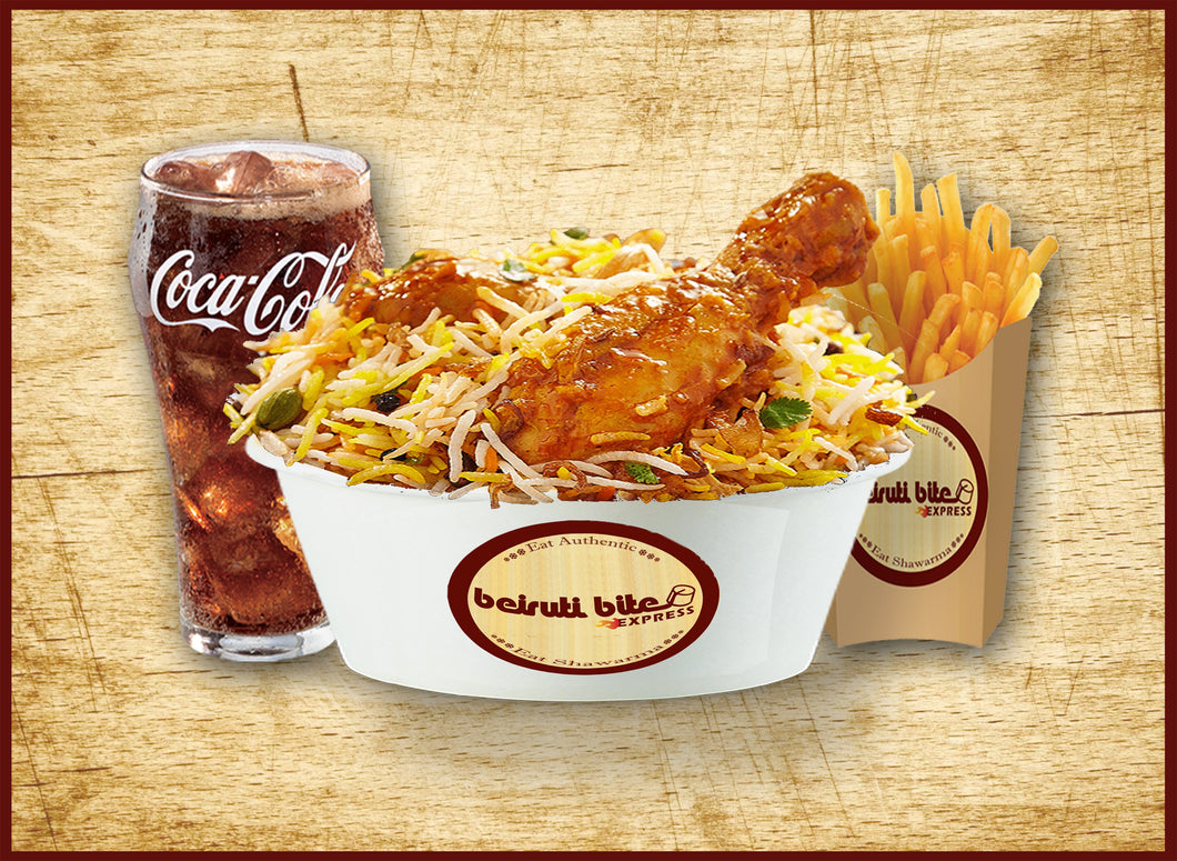 CHICKEN BIRYANI WITH FRIES AND DRINKS