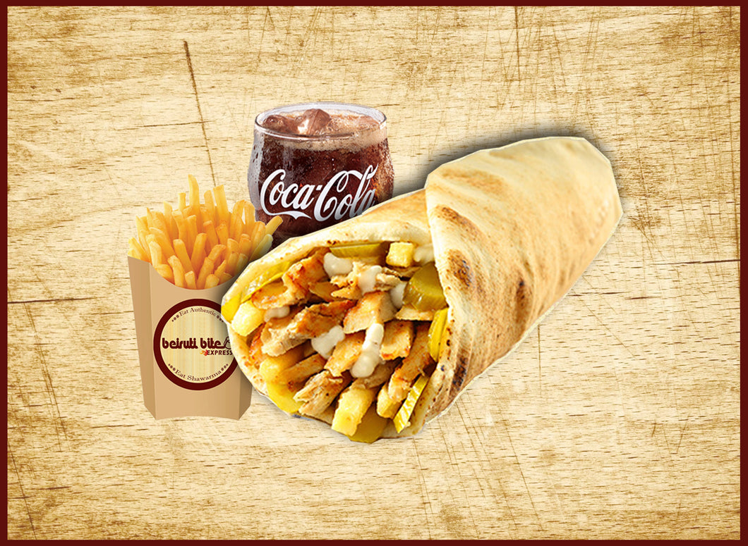 CHICKEN SHAWARMA WITH FRIES AND DRINKS