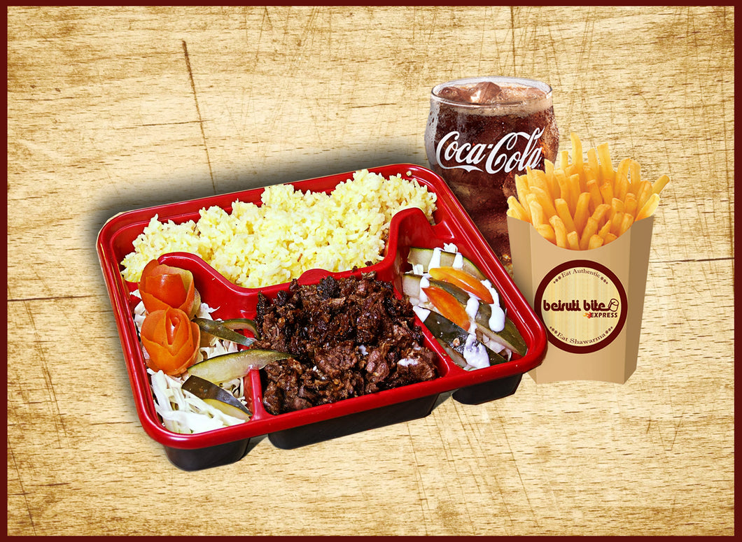 BEEF SHAWARMA RICE WITH FRIES AND DRINKS